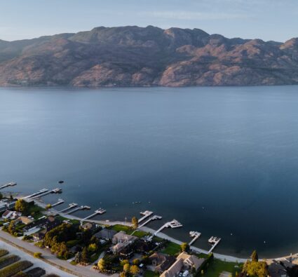 View of Okanagan Lake and marina near Shorerise West Kelowna community.