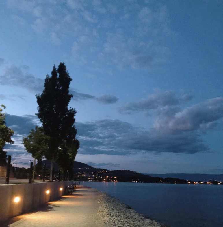 Paved pathway at Gellaty bay on the lake at night with glowing lights.