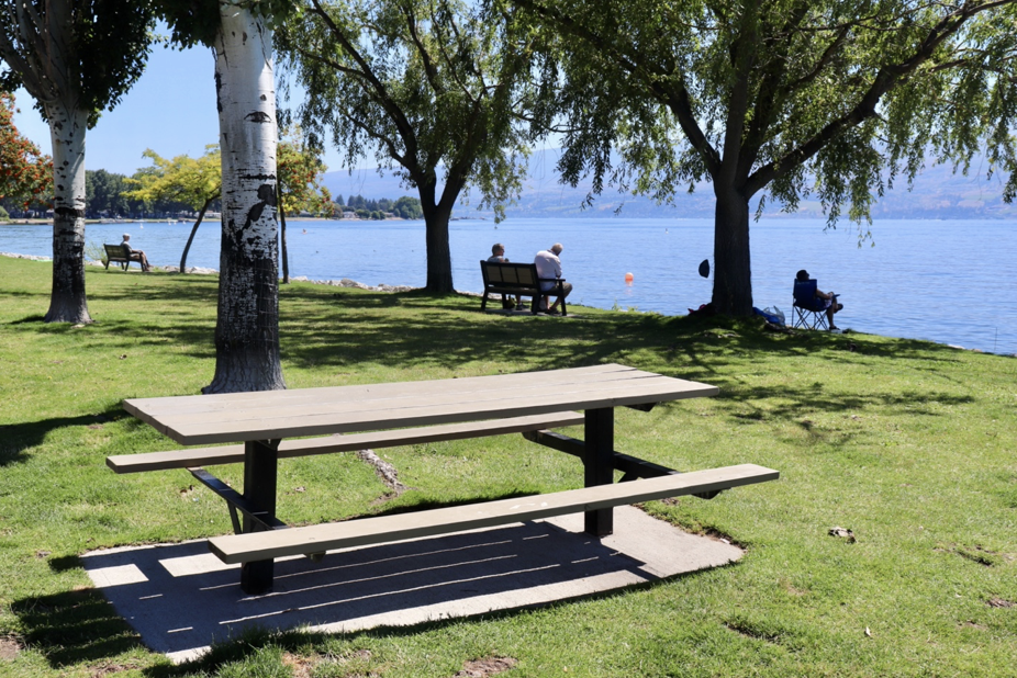 Close up of picnic table at Rotary park at Gellaty bay on the lake with green grass, and park benches.